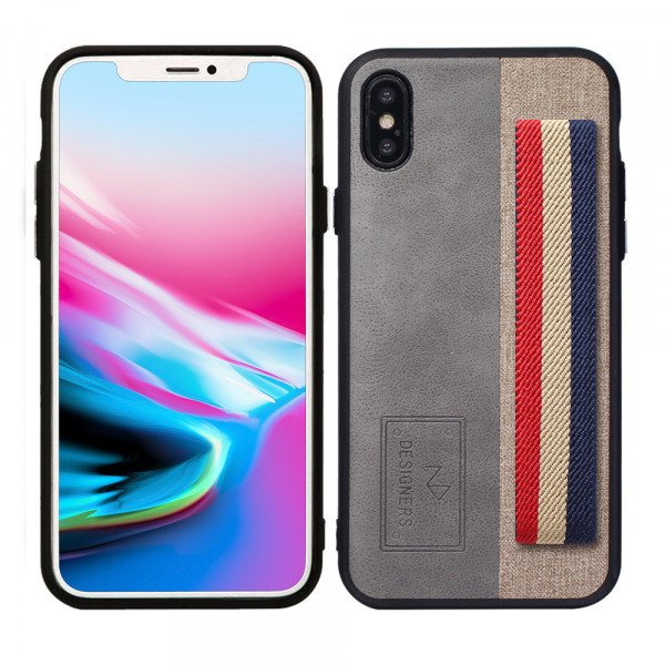 Wholesale iPhone X (Ten) Striped Hand Strap Grip Holder PU Leather Case (Gray)